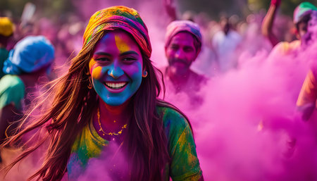 A woman with colorful powder covering her face smiles with joy during a Holi celebration. The...