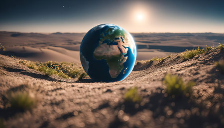 A globe of earth rests on a sandy desert hill, against a backdrop of a beautiful sunset.の写真素材