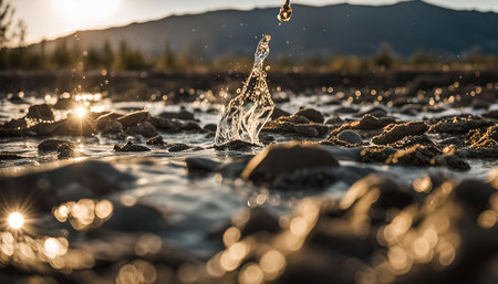 A single water drop splashes in a rocky riverbed during sunset, creating a captivating scene with golden sunlight reflecting off the water.の写真素材