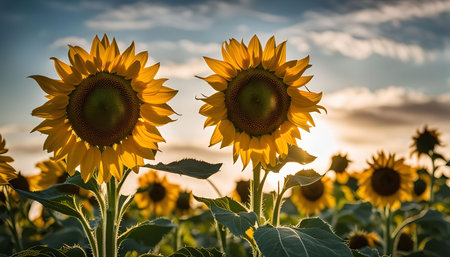 Two sunflowers in a field, backlit by the sun, with other sunflowers in the background.の写真素材