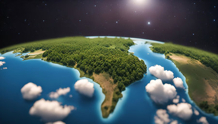 A stunning aerial view of Earth, showing its vibrant green forests, vast blue oceans, and fluffy white clouds. The image captures the beauty and fragility of our planet, reminding us of the importance of protecting our environment.の写真素材