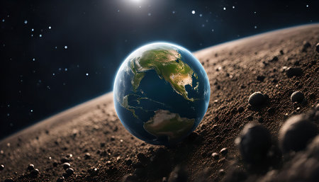 A digital art depiction of planet Earth from space, showing its beauty and intricate details. A realistic representation of the cosmos, emphasizing the vastness of the universe.の写真素材