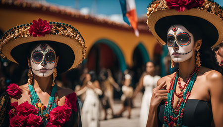 Two women in traditional Day of the Dead costumes pose for a portrait in a street in Mexico.の写真素材