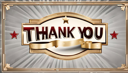 A classic vintage thank you banner, featuring a golden frame, a ribbon and stars with a 3d effect.の写真素材