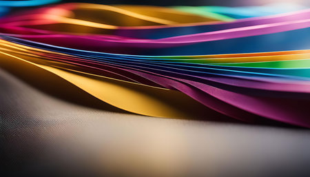Abstract image of colorful paper waves, with smooth folds and vibrant colors creating a dynamic pattern.の写真素材