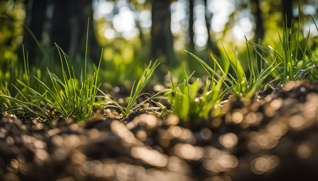 A close-up view of blades of green grass pushing through the earth, surrounded by a blurred background of a forest, capturing the essence of new life emerging in a natural environment.の写真素材