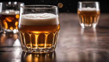A close-up shot of a glass of beer with a thick head of foam. The beer is golden amber in color and the glass is clear, allowing you to see the bubbles and the liquid inside.の写真素材