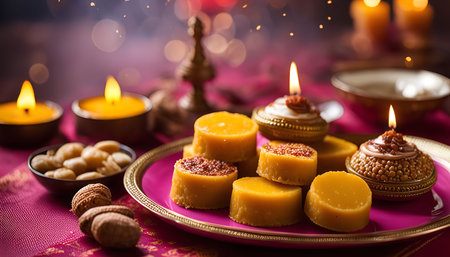 A plate of sweet treats, arranged beautifully, with traditional Indian candles lit. A classic scene of Diwali festivitiesの写真素材
