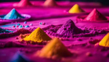 A vibrant and colorful celebration of Holi festival with various shades of powdered pigments. The image captures the essence of the festival with its bright colors and festive atmosphere.の写真素材