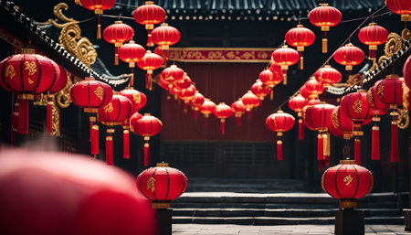 A row of red lanterns hanging from the ceiling of a traditional Chinese temple, creating a festive and celebratory atmosphere.の写真素材