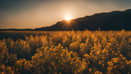A vibrant field of yellow wildflowers bathed in the warm glow of the setting sun, with mountains in the background.の写真素材