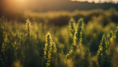 Close-up of a meadow grass during sunset, with warm colors from the sun shining through the grass.の写真素材