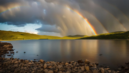 A breathtaking panoramic view of a double rainbow arcing over a serene lake with mountains in the background, reflecting the vibrant colors of the rainbow.の写真素材