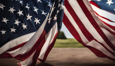 A close-up shot of an American flag waving in the wind. The red, white, and blue stripes are vibrant, and the stars are clearly visible. The flag is a symbol of freedom, liberty, and patriotism.の写真素材