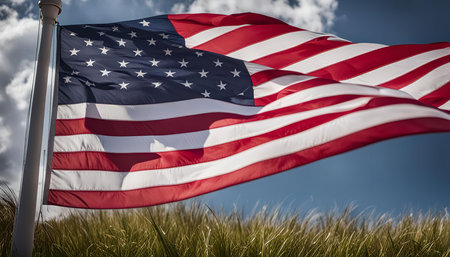 An American flag proudly in the wind against a backdrop of blue sky and fluffy clouds. The red,...