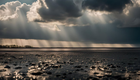 A dramatic landscape photo showing sunbeams shining through dark clouds over a mudflat with a distant coastline.の写真素材