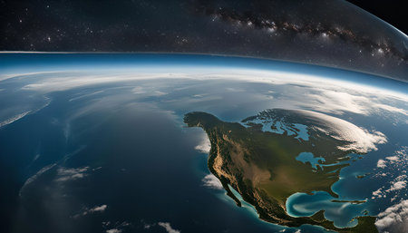 A breathtaking view of Earth from space, showcasing the North American continent, surrounded by a...