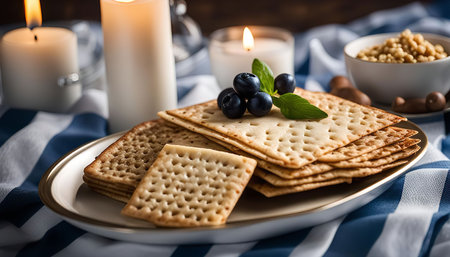 Close-up of matzah on a plate with blueberries and candles in the backgroundの写真素材