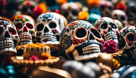 Close-up shot of colorful sugar skulls, known as Calaveras, a traditional element of the Mexican Day of the Dead celebration. The skulls are decorated with intricately floral patterns and vibrant colors, symbolizing life, death, and remembrance.の写真素材