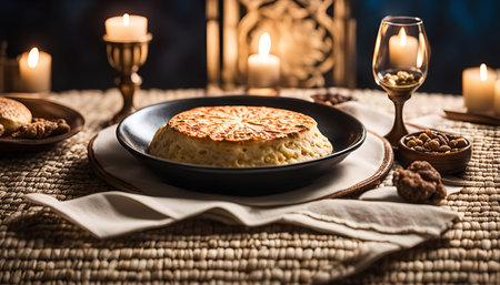 A close-up of a creamy dessert, beautifully presented on a black plate, surrounded by candles, nuts, and a glass of wine, creating a warm and inviting ambiance.の写真素材