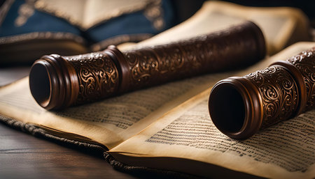 Two antique Torah scrolls lying on an open book, highlighting the rich history and cultural significance of Jewish traditions.の写真素材
