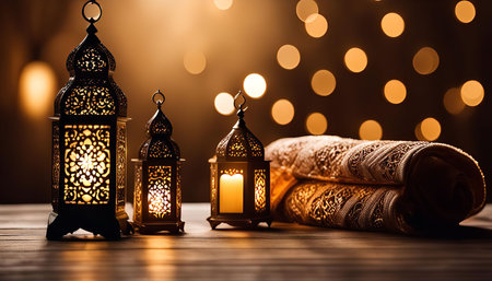 Three ornate lanterns with lit candles, stand on a wooden table, in front of a prayer rug that is...