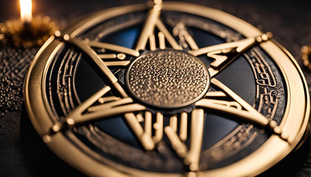 A close-up photo of a gold pentagram pendant, showing intricate details and textures, possibly a symbol of mystic or spiritual significance.の写真素材