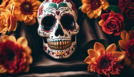 A sugar skull decorated with colorful flowers, a traditional symbol of the Day of the Dead celebration in Mexico.の写真素材