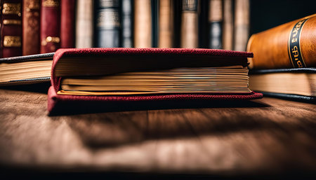 A close-up image of three antique books stacked on a wooden table. The books are bound in leather and have aged paper and text. The image captures the beauty of old books and the importance of literature and knowledge.の写真素材