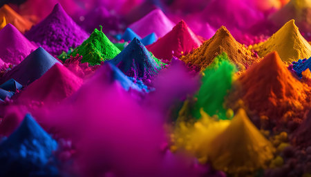 A close-up of a collection of colorful powders arranged in a pattern resembling hills and mountains. The vibrant hues create a visual feast for the eyes.の写真素材