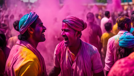 Two men covered in colorful powder laugh joyfully during a Holi celebration in India. The vibrant colors and joyous atmosphere capture the essence of this traditional festival.の写真素材