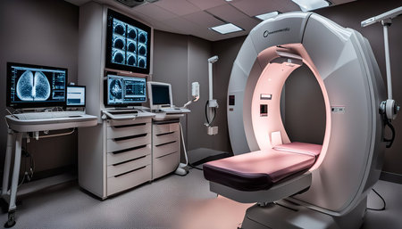 A modern medical imaging equipment in a hospital room. It is a CT scanner, with a circular gantry...
