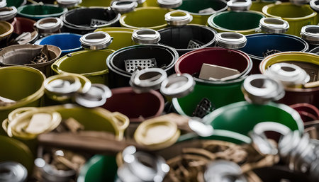 A close-up overhead view of colorful buckets with lids, showing a variety of materials and colors. The buckets are arranged in a pattern, creating a visual texture and depth.の写真素材