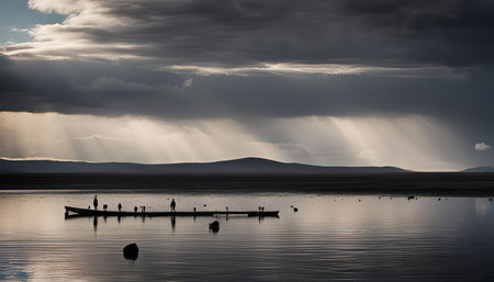 A photograph of a lake with a raft in the middle, with people silhouetted against the cloudy sky. The image is serene, showing a calm lake with reflection of the clouds in the water.の写真素材