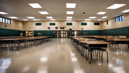 An empty classroom with rows of desks and chairs. The room is bright and clean, with a white ceiling, beige walls, and a light-colored floor.の写真素材