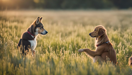 Two dogs, a golden retriever and a mixed breed, sit in a field of tall grass at sunset, looking at each other. The warm light of the setting sun casts a golden glow over the scene.の写真素材