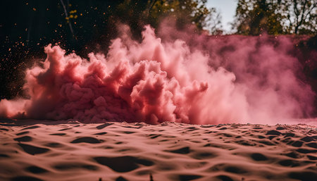 A pink smoke explosion creates a dramatic and colorful scene against a sandy desert backdrop.の写真素材