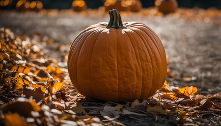 A single ripe pumpkin sits on a bed of fallen autumn leaves, with the warm sunlight casting a soft glow over the scene. The rich orange of the pumpkin contrasts beautifully with the warm tones of the leaves, creating a sense of autumnal tranquility.の写真素材