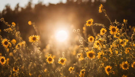 A field of sunflowers bathed in the warm glow of the setting sun, their bright yellow petals catching the light.の写真素材