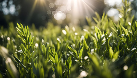 A vibrant close-up of green leaves bathed in warm sunlight, showing the beauty of nature's intricate details.の写真素材