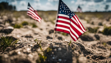 A close-up shot of an American flag planted in a field of sand, with other flags in the background. It symbolizes patriotism and remembrance.の写真素材