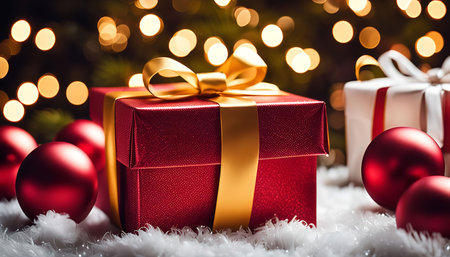 A close-up view of a red gift box adorned with a golden ribbon and bow, resting on a fluffy white surface. It's a classic Christmas present that conveys joy and festive spirit.の写真素材