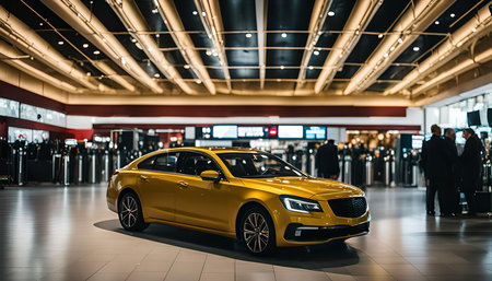 A yellow sedan parked inside a terminal of an airport. It's a modern and stylish car with chrome accents.の写真素材