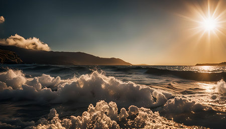A breathtaking sunset over the ocean with foamy waves crashing against the shore. The sun is setting in the distance, casting a golden glow over the water. The sky is a mix of blue and orange, and clouds float overhead. The waves are cresting and foaming, creating a dynamic and beautiful scene.の写真素材