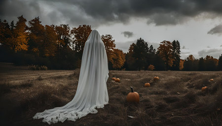 A ghostly figure, shrouded in white, stands in a field of pumpkins, with a spooky and mysterious atmosphere.の写真素材
