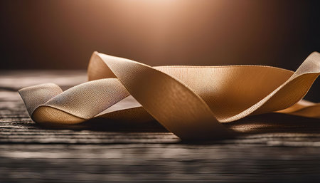 A close-up shot of a beige ribbon on a wooden surface. The ribbon is curved and flowing, creating a soft, elegant texture. The image is taken from a macro perspective, showing the intricate details of the ribbon.の写真素材