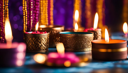 A group of candles in ornate holders, with decorative beads, light up the scene creating a warm, inviting atmosphere for a festive occasion.の写真素材