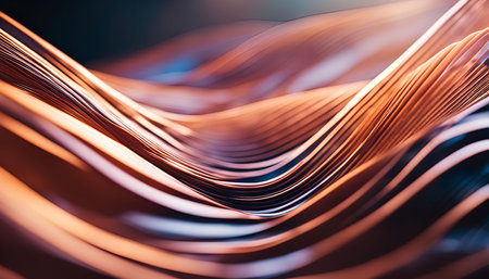 An abstract image of orange waves flowing, with a blend of dark and light tones creating a dynamic visual effect.の写真素材