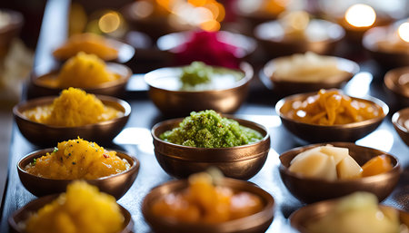 A close-up image showcasing a variety of Indian delicacies arranged in small brass bowls, each offering a unique color and texture. The bowls are arranged in a row, creating a visual feast for the eyes and a tempting aroma for the senses.の写真素材