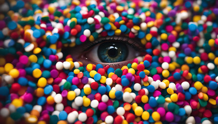 A close-up image of a single eye peering through a colorful confetti background. The eye is the main focus of the image, with the confetti serving as a backdrop. The vibrant colors and the eye's gaze create a sense of curiosity and intrigue.の写真素材